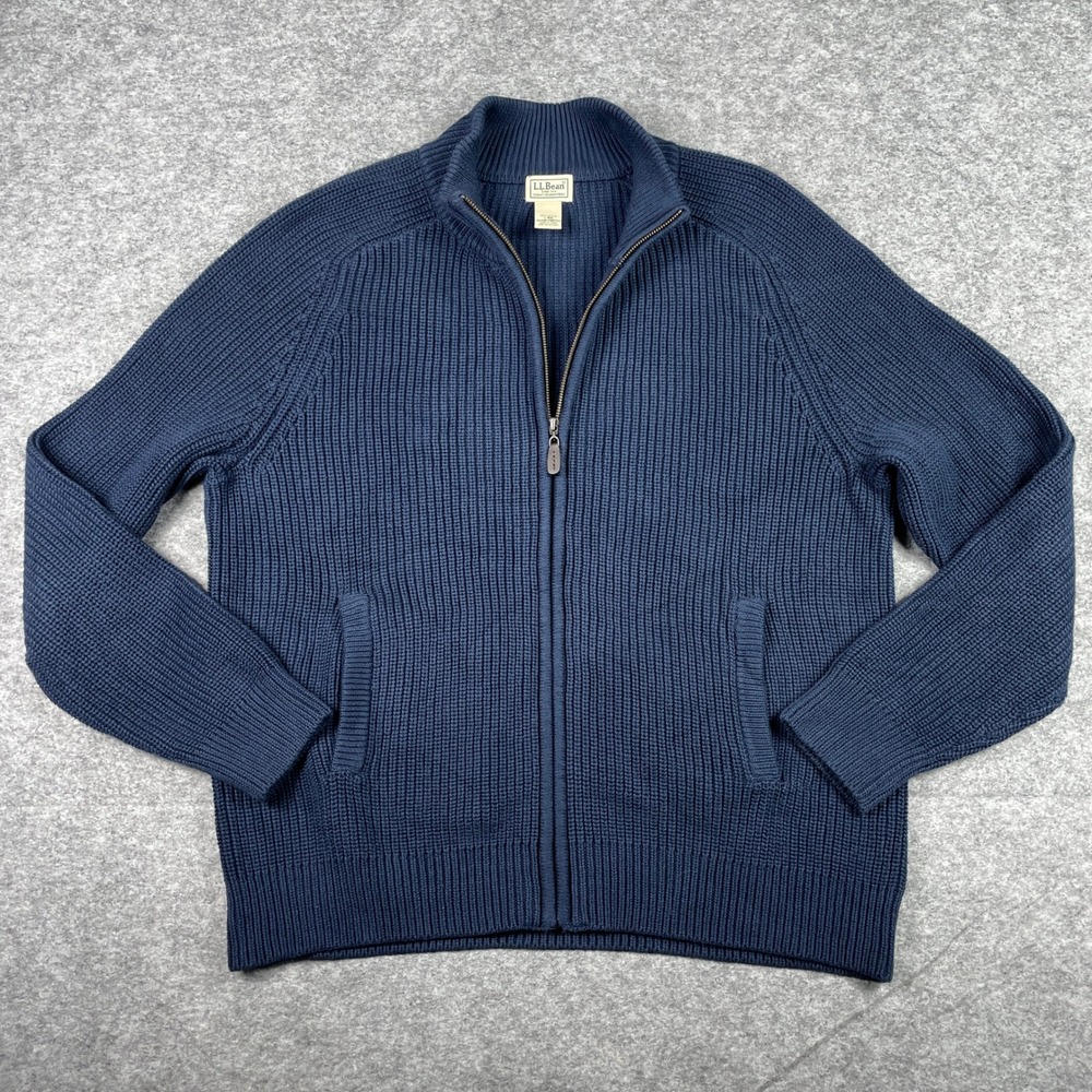 LL Bean Cardigan Sweater Mens L Blue Full Zip Mock Neck Shaker Stitch Jacket